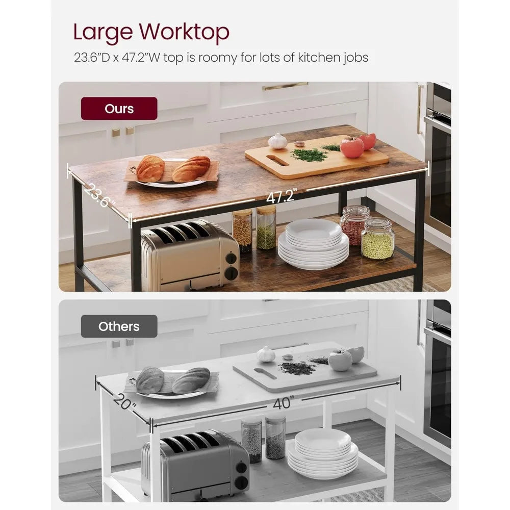 Kitchen Island with 3 Shelves, 47.2 Inches Width Kitchen Shelf with Large Worktop, Stable Steel Structure, Industrial, Easy to - Cooky Kitchenware
