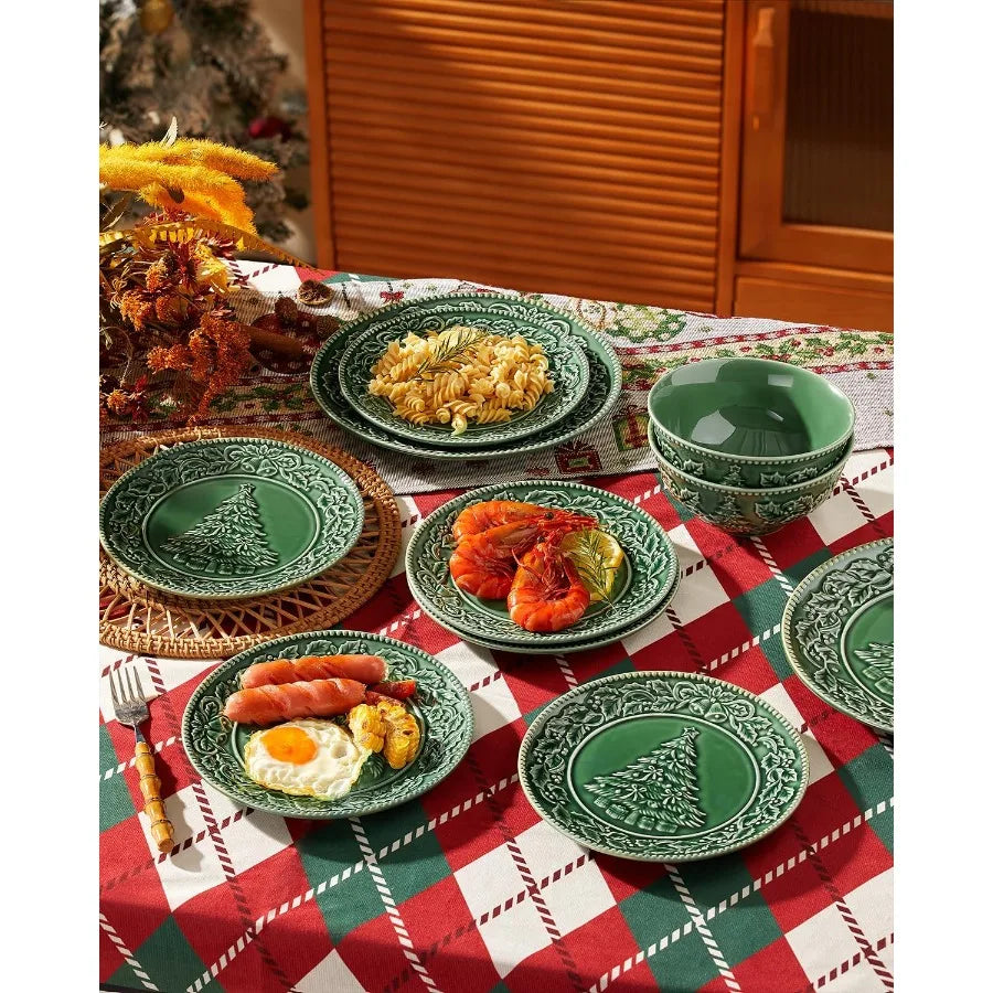 8 Inch Green Ceramic Christmas Tree Salad Plates Set for Holiday Meals Ideal for Pasta Side Dishes and Desserts Dishwasher and - Cooky Kitchenware