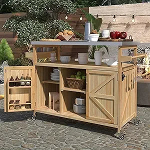 grill cart with stainless steel tabletop - outdoor storage cabinet for bbq, bar patio kitchen island with ample storage and lock