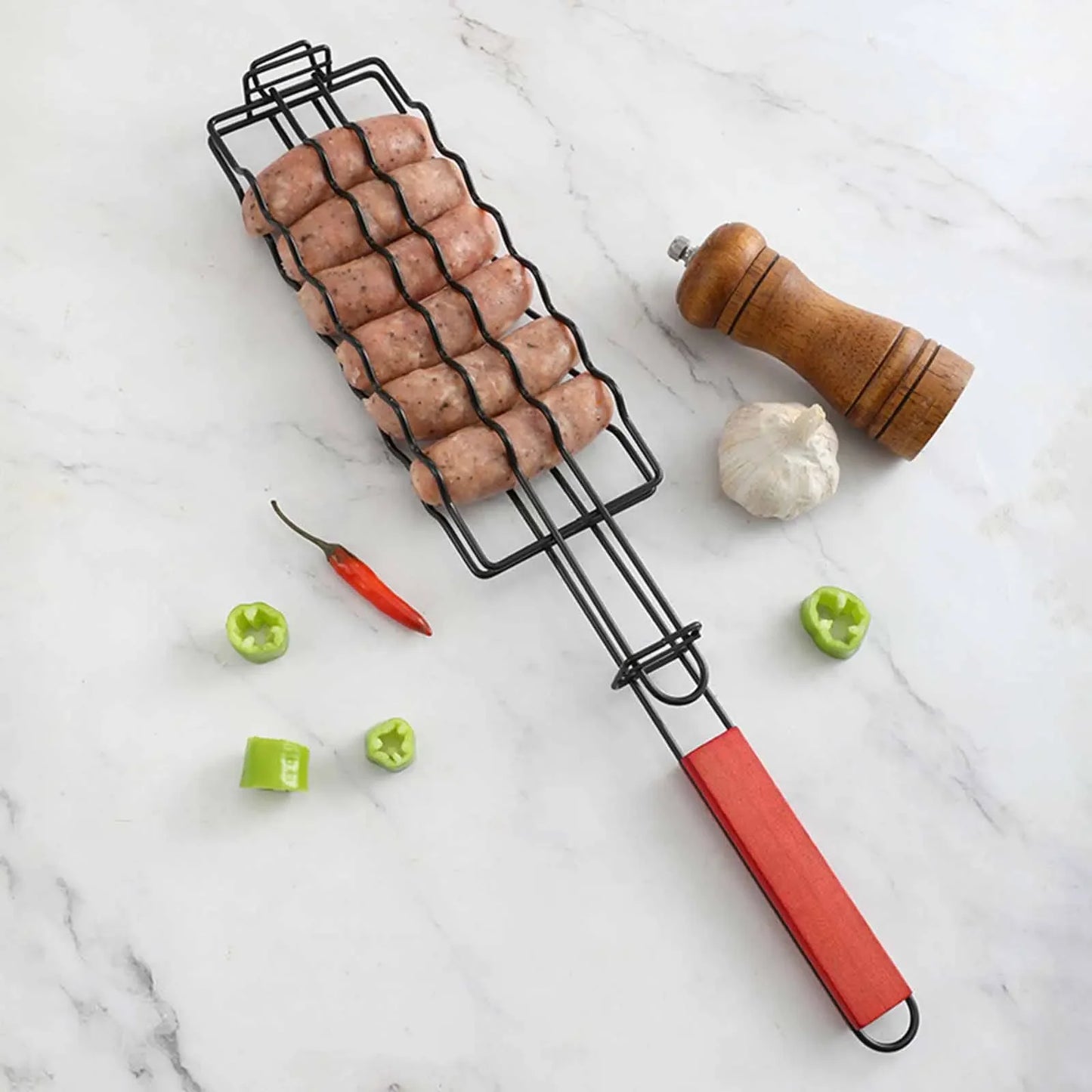 Folding Metal Barbecue Sausage Basket For Grilling Hot Dogs