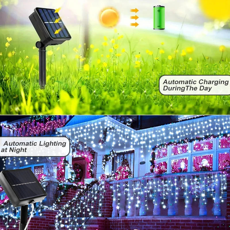 Solar LED Eaves Icicle String Lights 8 Lighting Modes Outdoor Waterproof Christmas Decorations Fairy Lights for Yard Garden - Cooky Kitchenware