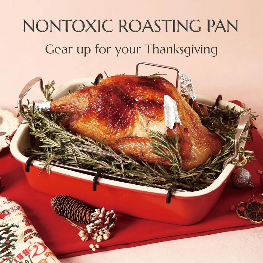 Turkey Roasting Pan with Rack UShaped Large 17.3 x 14.6 Inch Nonstick Roaster Pan for 25 lb Turkey or Chicken Deep Oven Tray 0.