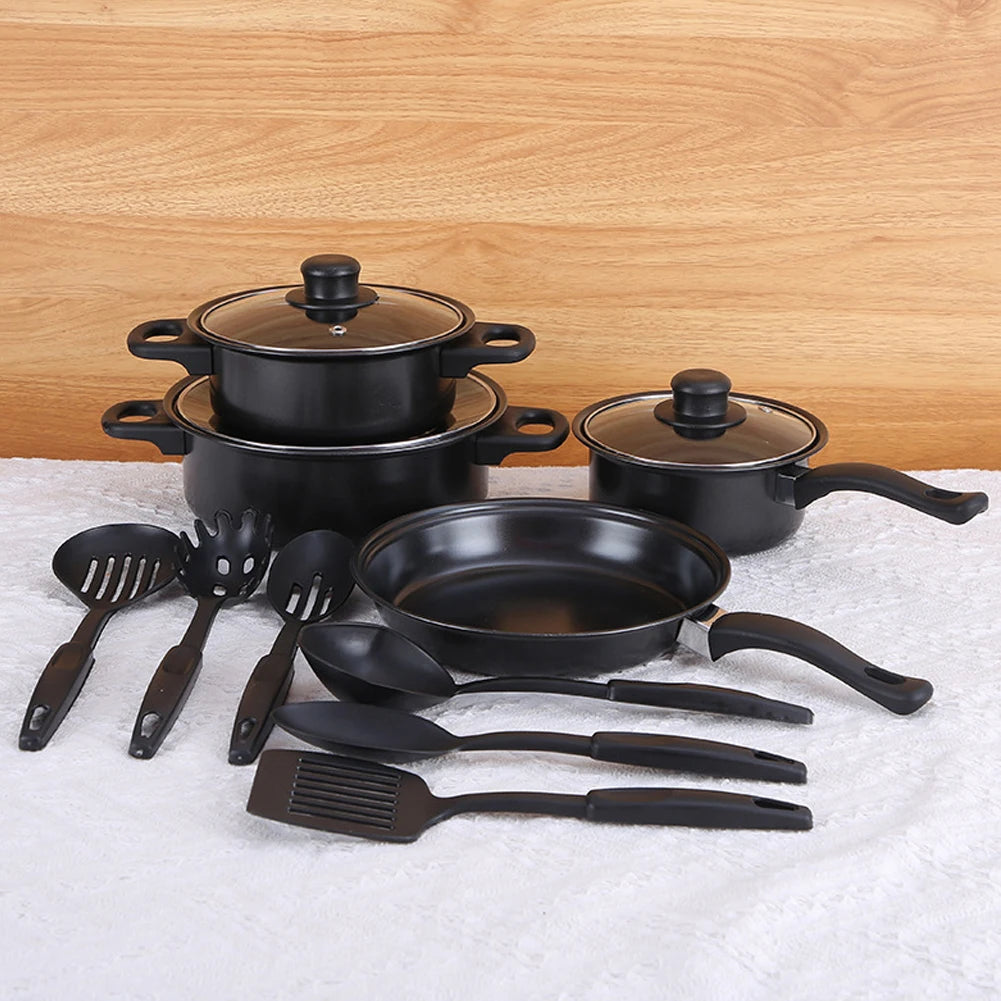 12Pcs Non Stick Cookware Set Cooking Pot with Lid Deep Frying Pan Milk Pot Maifan Stone Frying Pan for All Types of Cooker