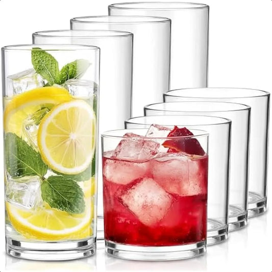 Plastic Drinking Glasses Set of 8 14oz Rocks and 20oz Water Cups Unbreakable Clear Glassware Kitchen Tumblers - Cooky Kitchenware