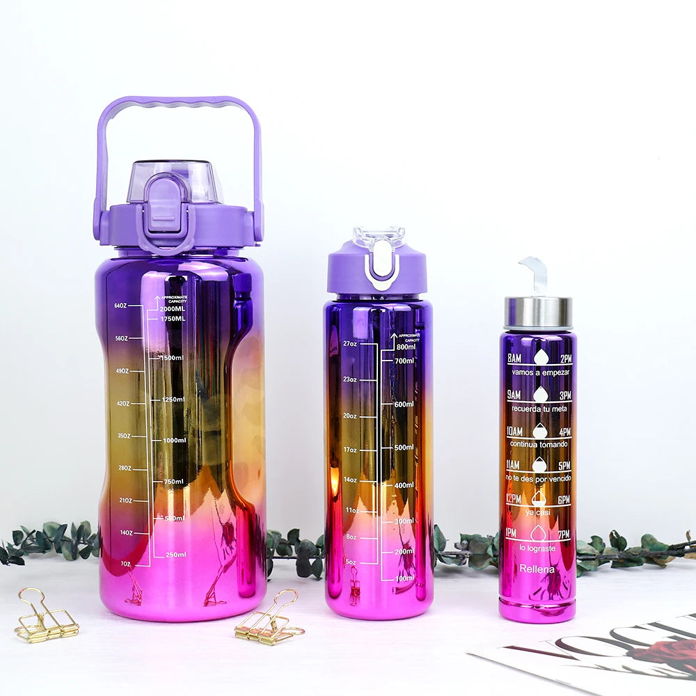 3pcs of leak proof electroplated gradient sports water bottles with straws and time markers - Perfect for offices, schools.