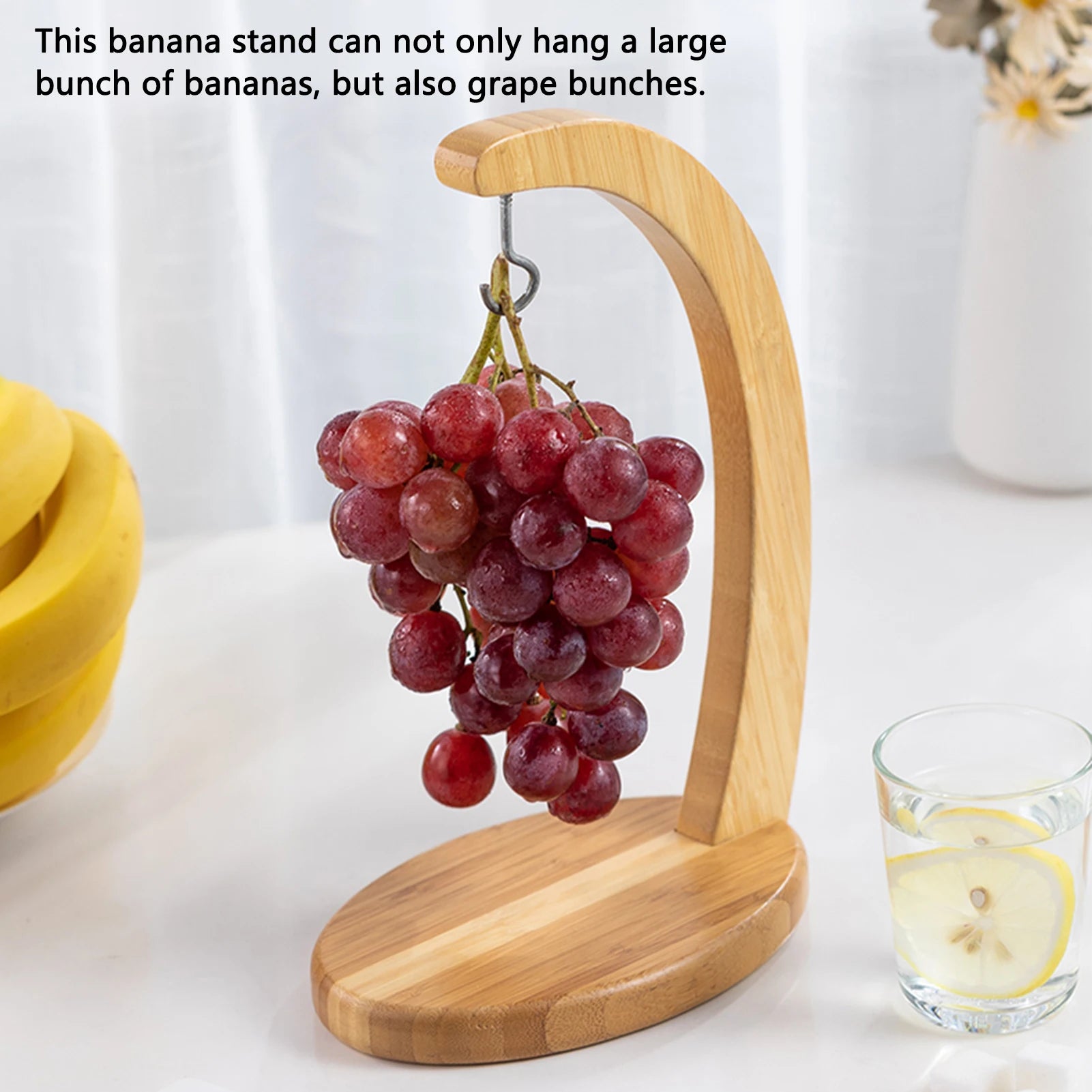 Wooden Banana Tree Hanger Sturdy Display with Hook for Home or Bar Countertop Fruit Storage with Oval Base - Cooky Kitchenware