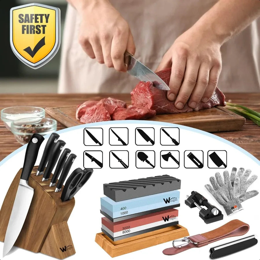 Knife Sharpening Stone Kit 400 1000 3000 8000 Grit Wet Kitchen Whetstone Knife Sharpener Set with Nonslip Bamboo Rubber Base An