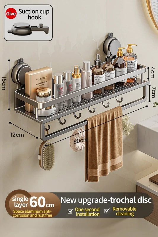 Suction Cup Mount Bathroom Shelf with Towel Holder Removable Hooks No Drill Hanging Bath Room Basket Shampoo Storage Rack Tray - Cooky Kitchenware