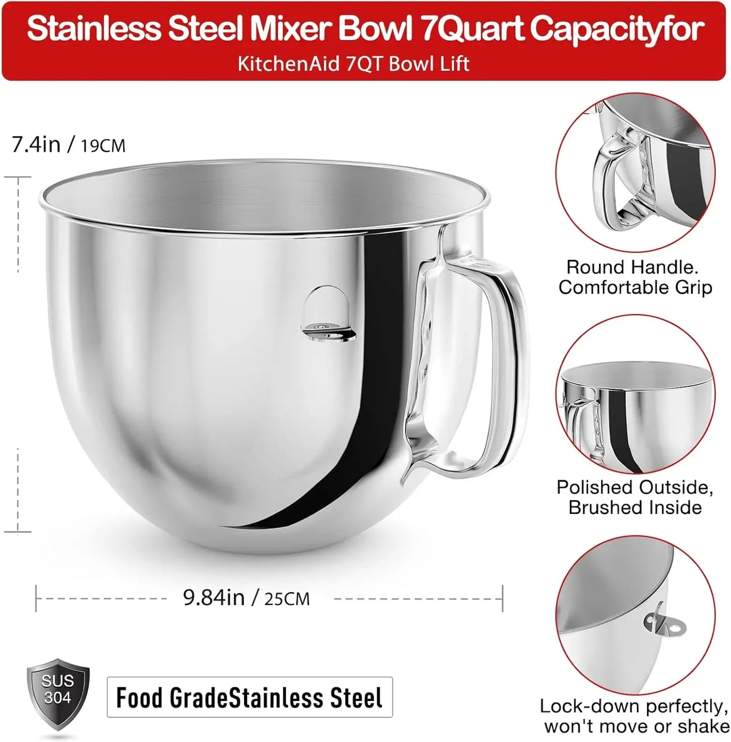 KA7QBOWL Stainless Steel Mixer Bowl with Handle, 7QT, Stand Mixers, Kitchen Aid Mixing Bowl, 7QT Tilt-Head Mixer with Handle