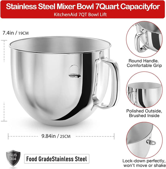 KA7QBOWL Stainless Steel Mixer Bowl with Handle, 7QT, Stand Mixers, Kitchen Aid Mixing Bowl, 7QT Tilt-Head Mixer with Handle