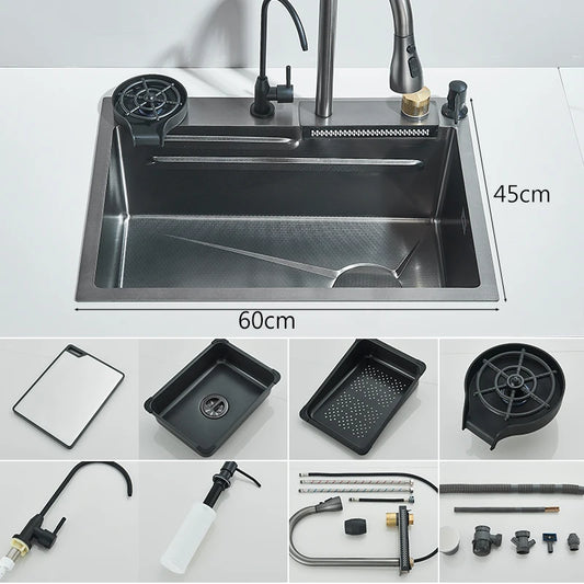 304Stainless Steel Waterfall Kitchen Sink Large Single Slot Integrated 60X45cm Faucet Set Soap Dispenser/Pure Water/Cup Washer - Cooky Kitchenware