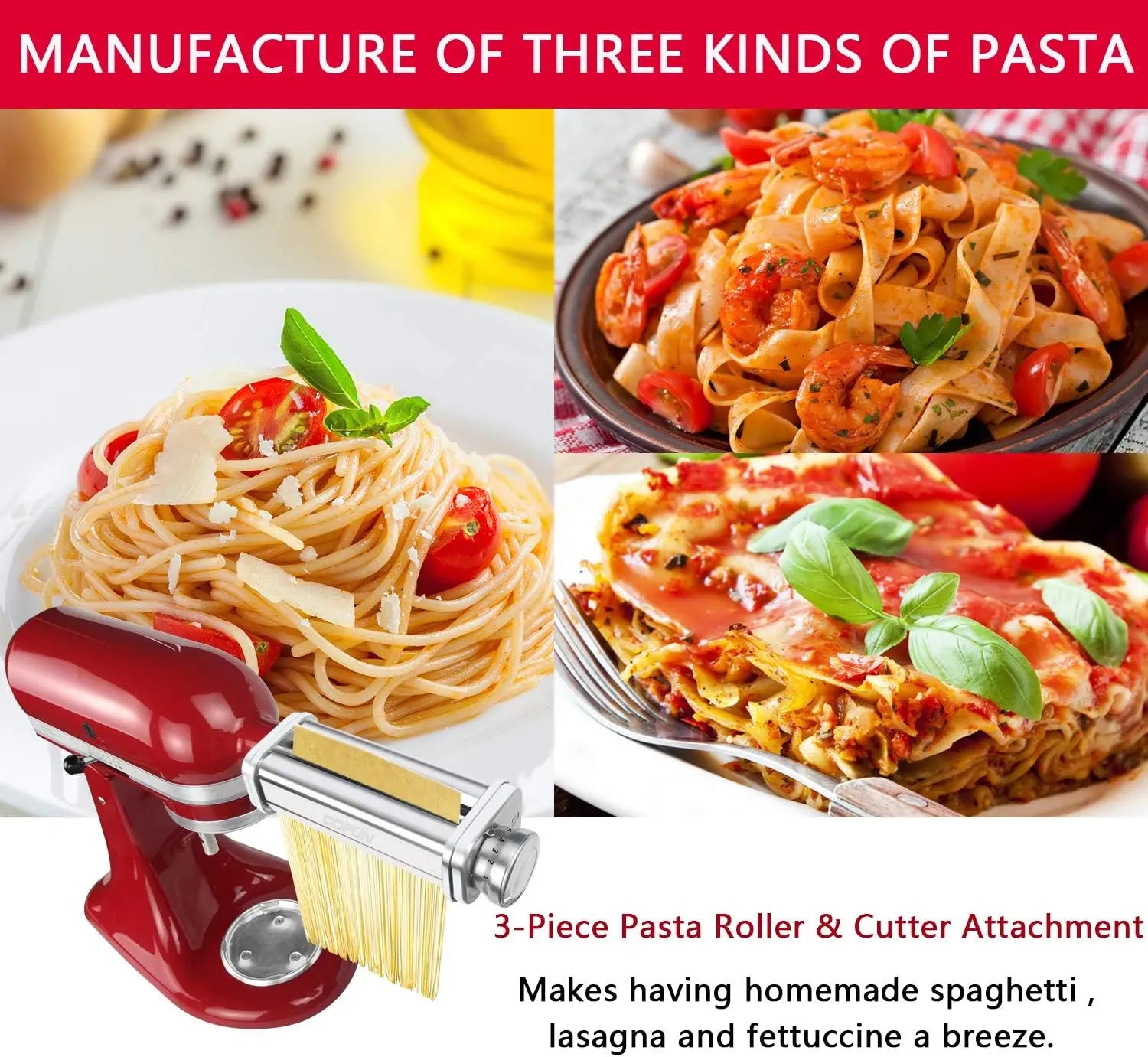 Pasta Attachment for KitchenAid Mixer, Pasta Sheet Roller, Spaghetti Fettuccine Cutter,Stainless Noodle Fit All KitchenAid Chef - Cooky Kitchenware