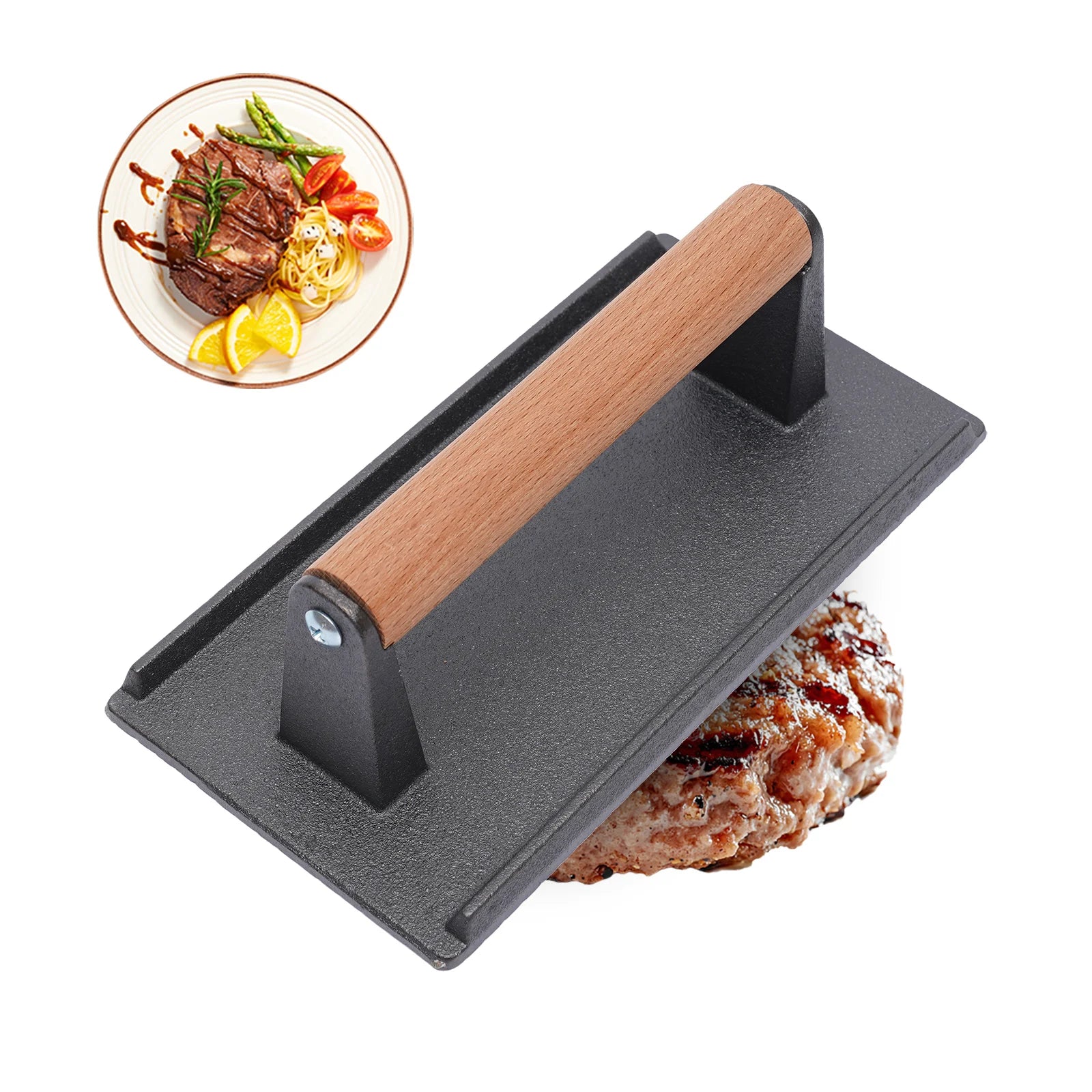 Kitchen Heavy Cast Flat Iron Steak Weight/Bacon Press with Wooden Handle Heavy-Weight Grill Press Commercial Grade Burger - Cooky Kitchenware