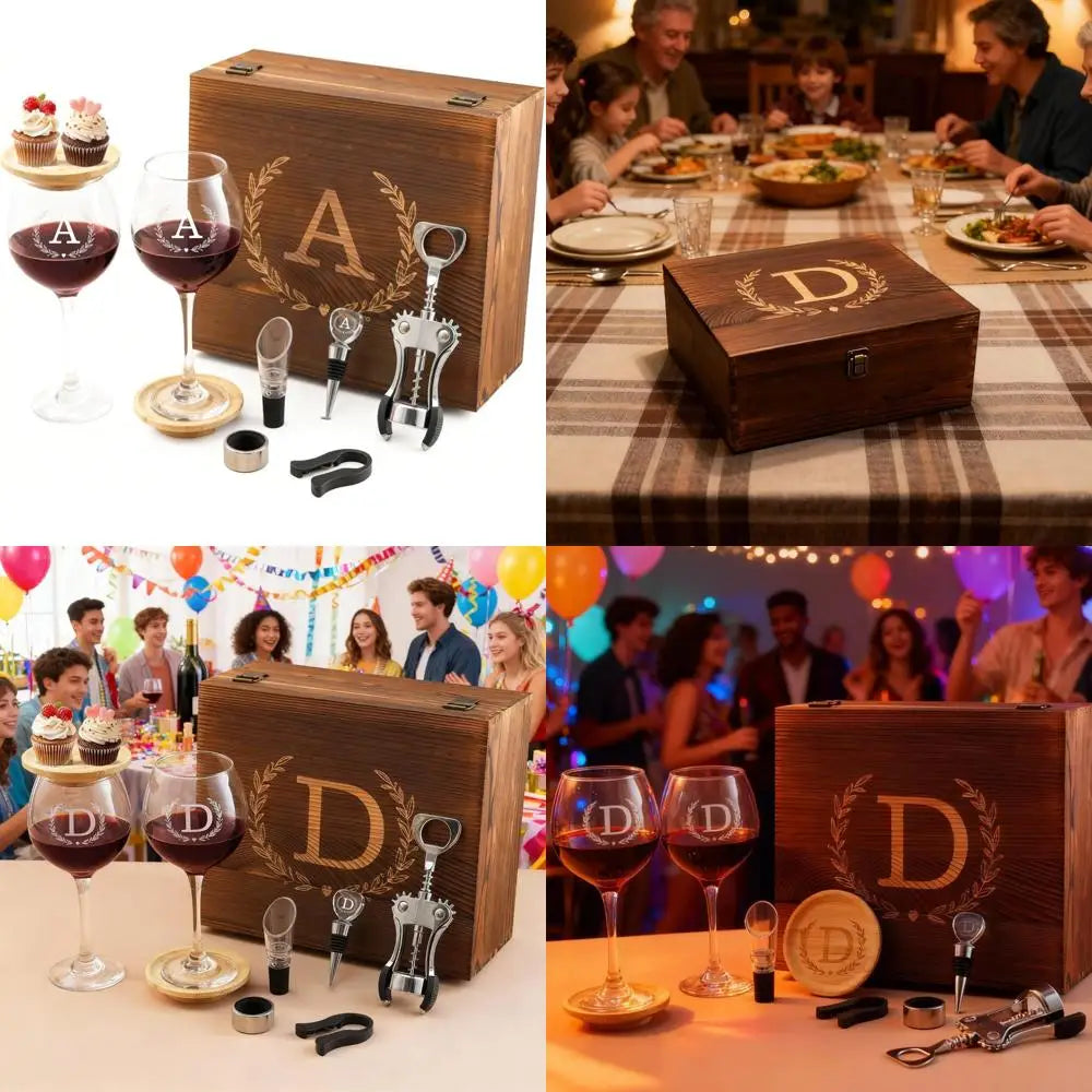 Personalized Initial Engraved Wine Glasses Set for Women - Mom's Birthday Gift, Monogrammed Wooden Christmas Wedding Present