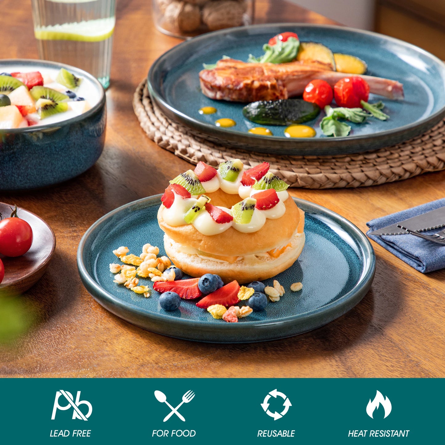 Blue Ceramic Plate Set With Reactive Glaze Vertical Edge