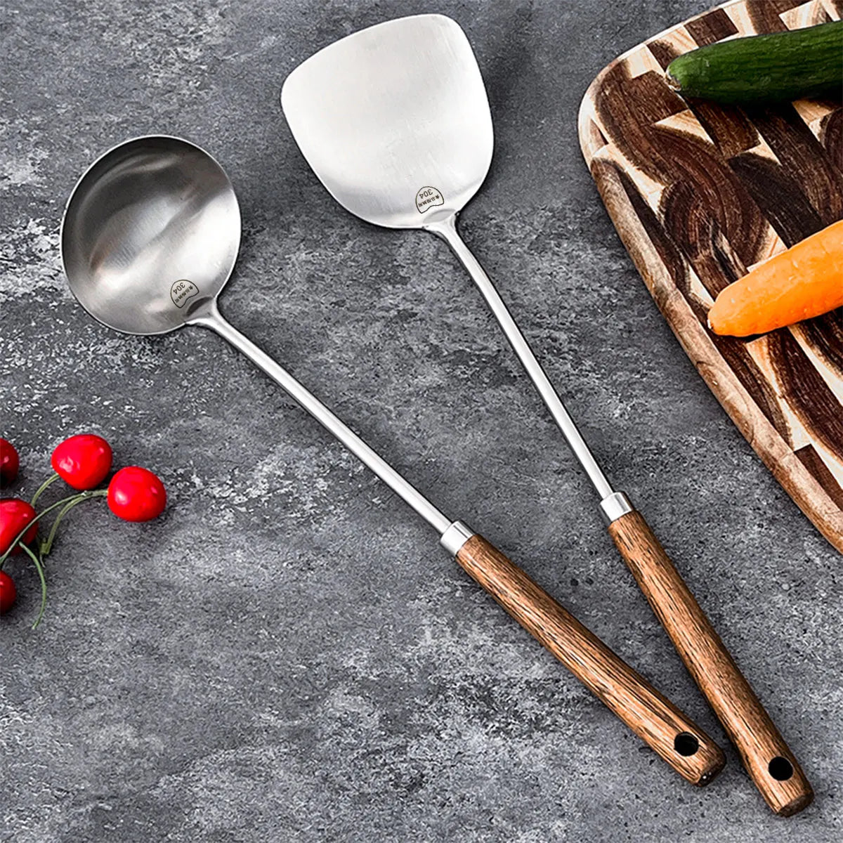 WORTHBUY 304 Stainless Steel Turner With Wooden Handle Heat Resistant Long Handle Soup Ladle Spatula Kitchen Cooking Utensils - Cooky Kitchenware