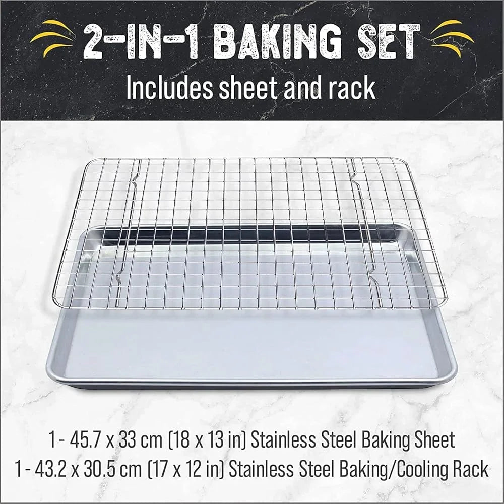 Baking Sheet Set 2 Pack Stainless Steel Half Pans with Cooling Racks Oven Safe Dishwasher Safe Multi Use Baking Tray - Cooky Kitchenware