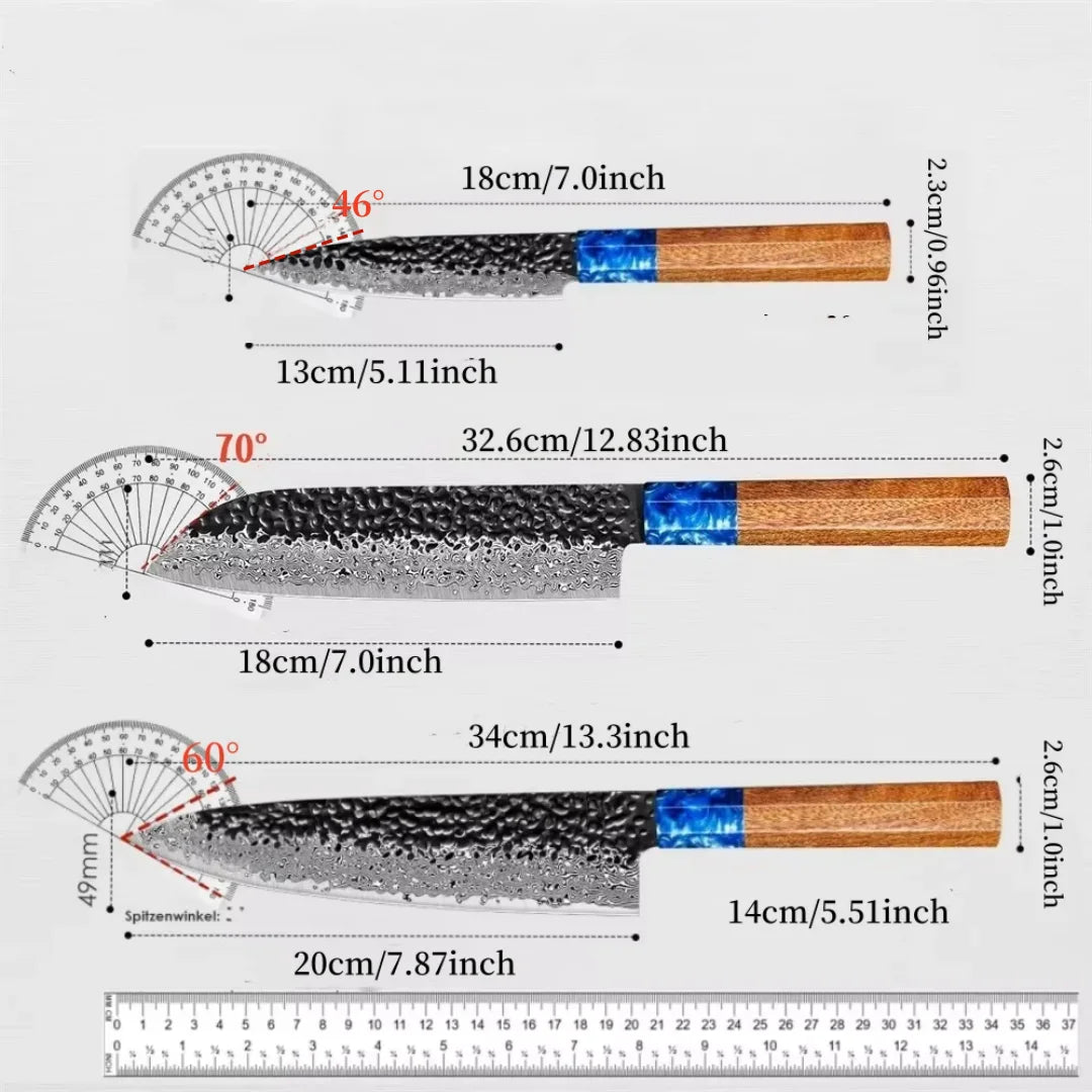 Damascus Steel 3 Piece Chef Knife Set With Rosewood Handle