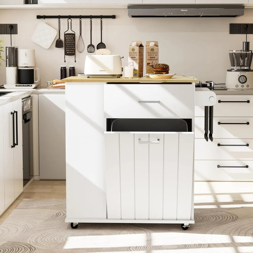 Mobile Kitchen Island with Built-in Trash Bin, Towel Holder, and Spice Storage - Cooky Kitchenware