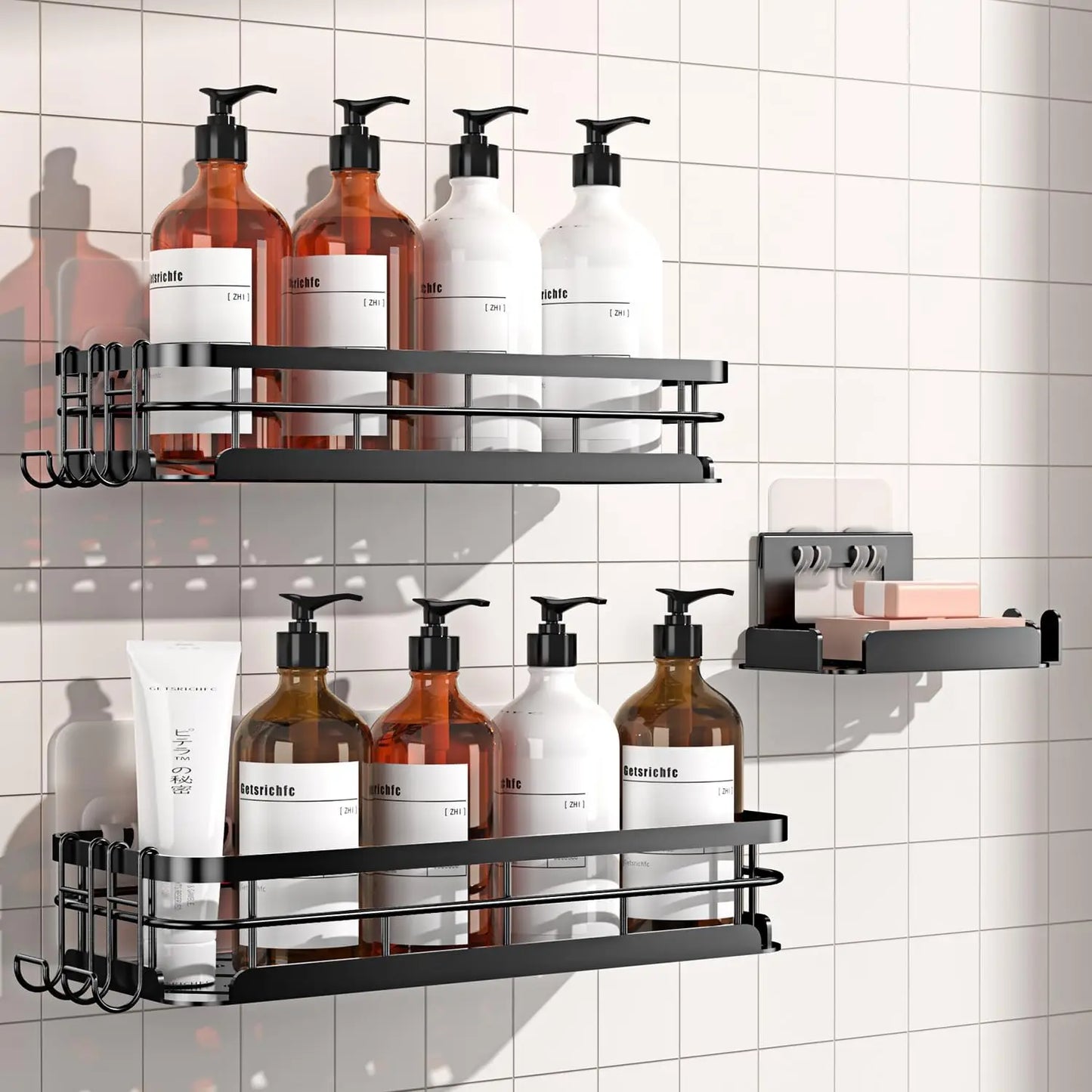 3-Pack Large Rustproof Stainless Steel Shower Caddy with Soap Holder, 4 N-Hooks - No-Drill Wall Mounted Organizer - Cooky Kitchenware
