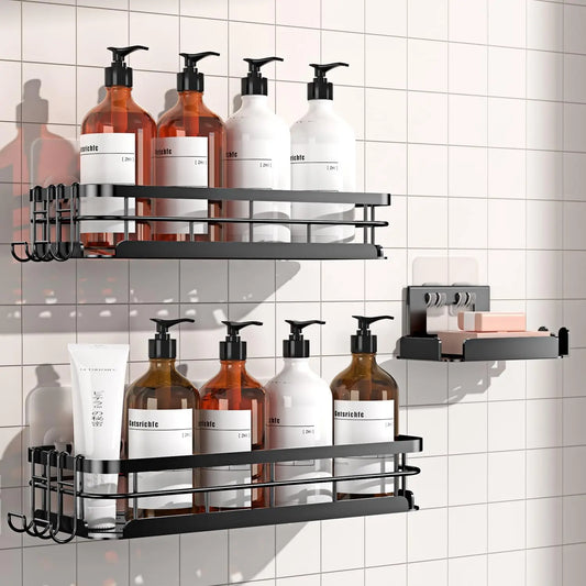 3-Pack Large Rustproof Stainless Steel Shower Caddy with Soap Holder, 4 N-Hooks - No-Drill Wall Mounted Organizer - Cooky Kitchenware