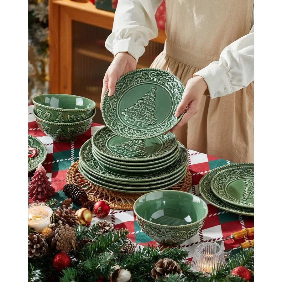 8 Inch Green Ceramic Christmas Tree Salad Plates Set for Holiday Meals Ideal for Pasta Side Dishes and Desserts Dishwasher and - Cooky Kitchenware
