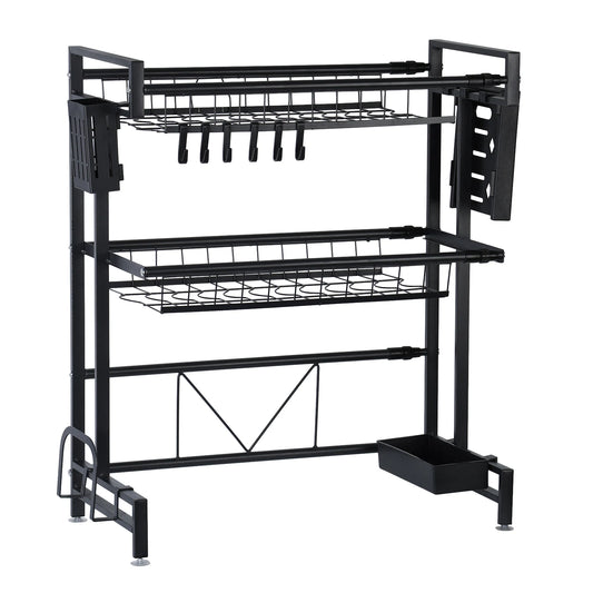 2 Tier Kitchen Storage Shelf Above Sink Stretchable Bowl Draining Rack Multifunctional Dish Knife Spoon Sink Rack Set Organizer - Cooky Kitchenware