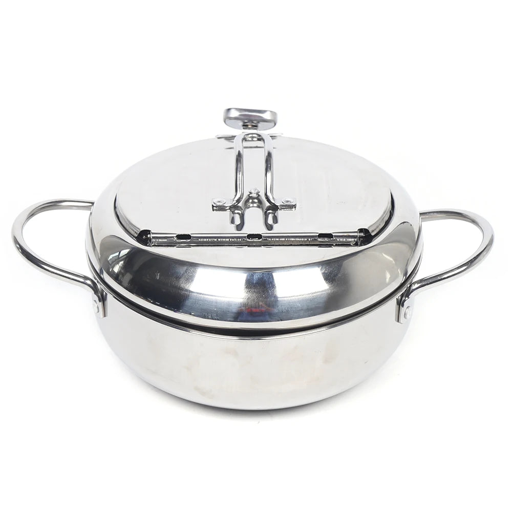 Japanese Style Deep Frying Pan With Temperature Gauge Lid And Oil Drip Rack 304 Stainless Steel Fryer - Cooky Kitchenware