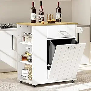 Mobile Kitchen Island with Built-in Trash Bin, Towel Holder, and Spice Storage - Cooky Kitchenware