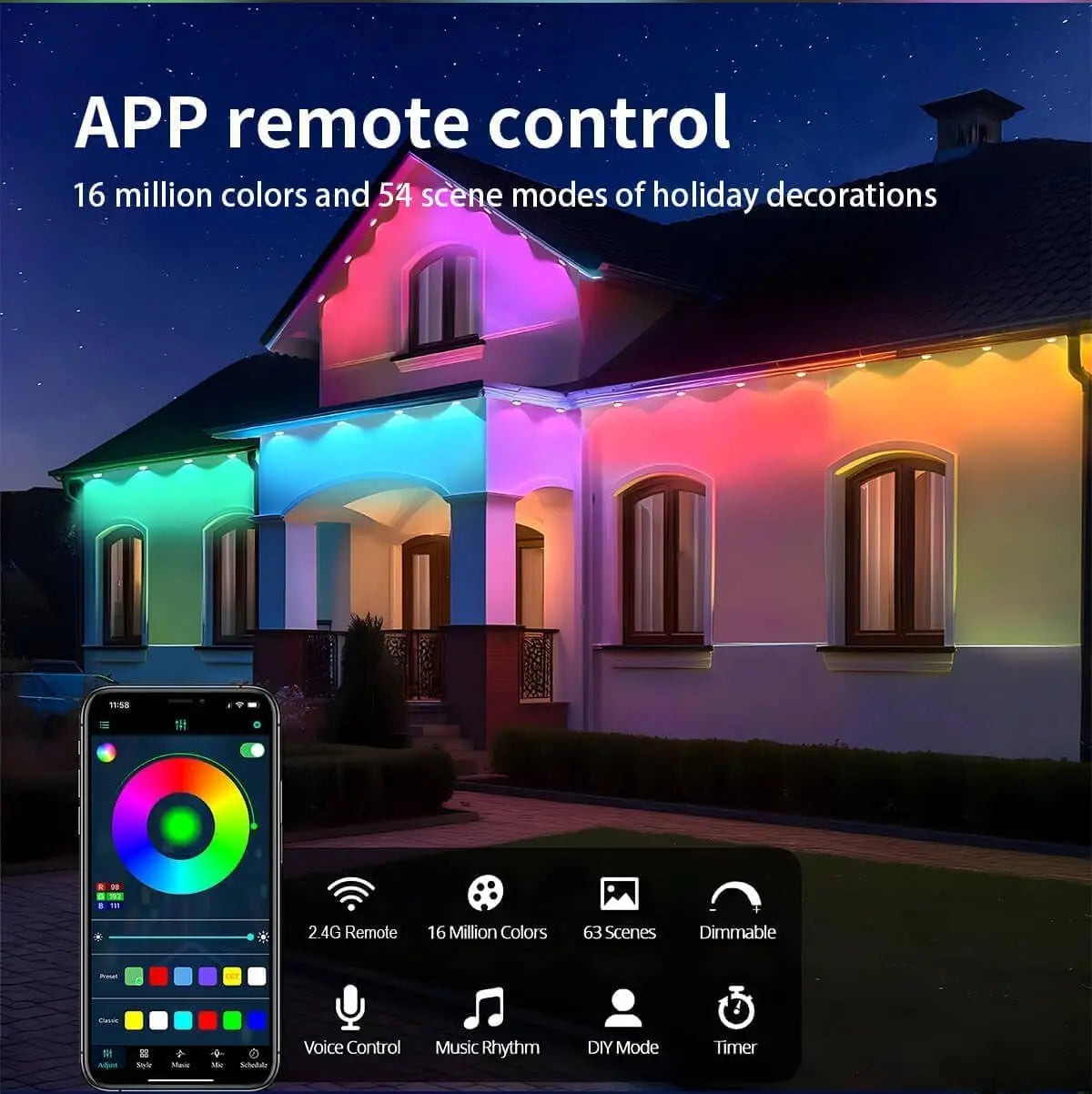 300FT 180LED Permanent Eaves LED Lights Outdoor Waterproof RGB String Lights DIY Scene Christmas Birthday Holiday Party Lighting - Cooky Kitchenware