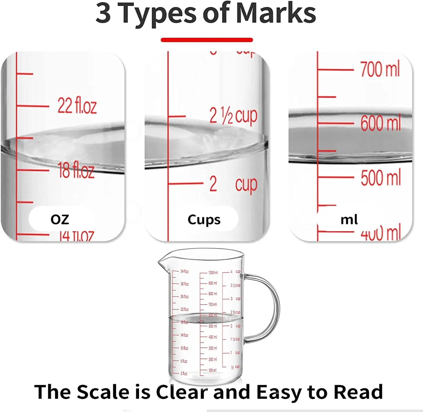 1000ml Heat-Resistant Glass Measuring Cup with Scale Handle for Kitchen Baking and Cooking - Cooky Kitchenware