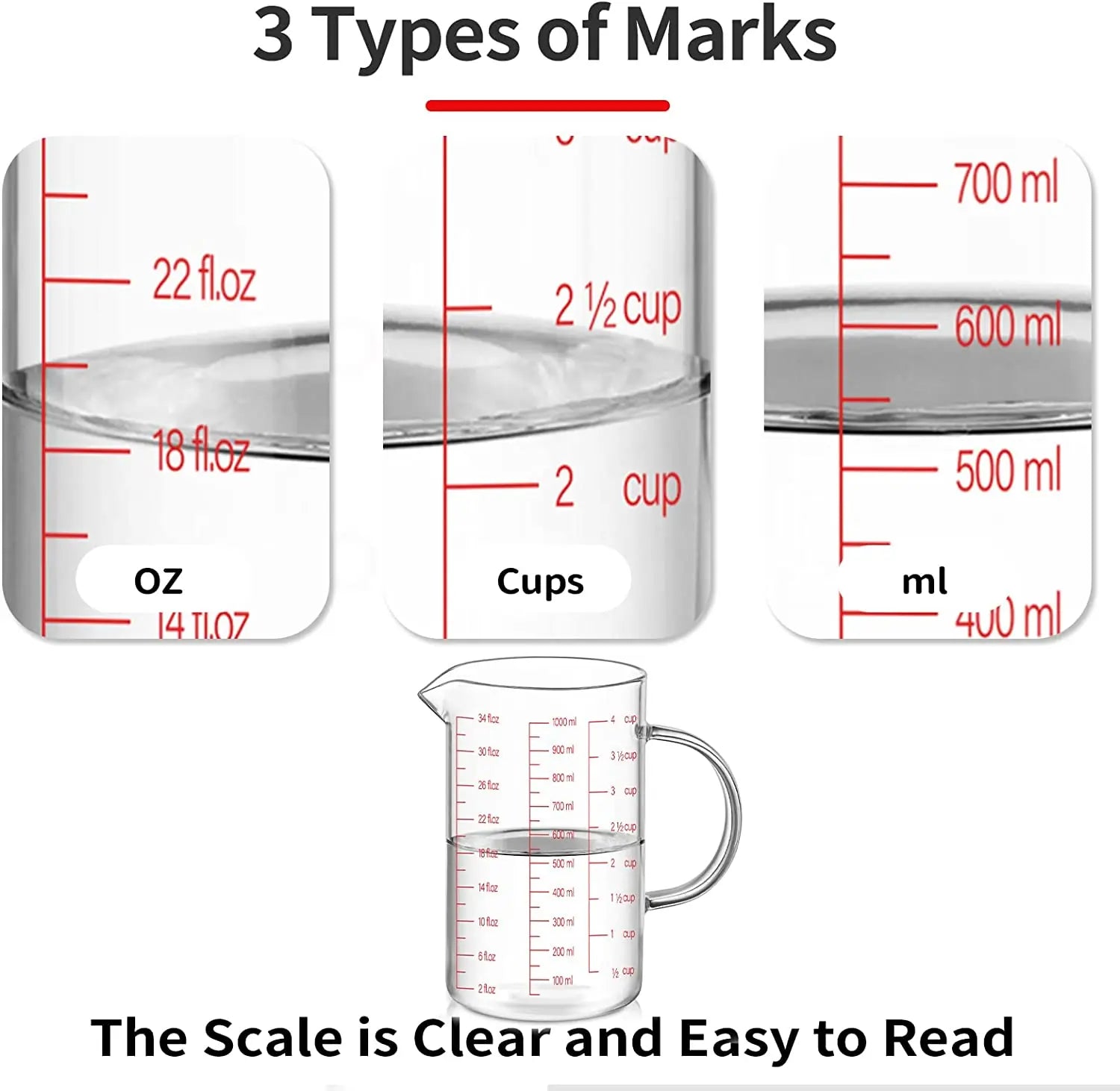 1000ml Heat-Resistant Glass Measuring Cup with Scale Handle for Kitchen Baking and Cooking - Cooky Kitchenware