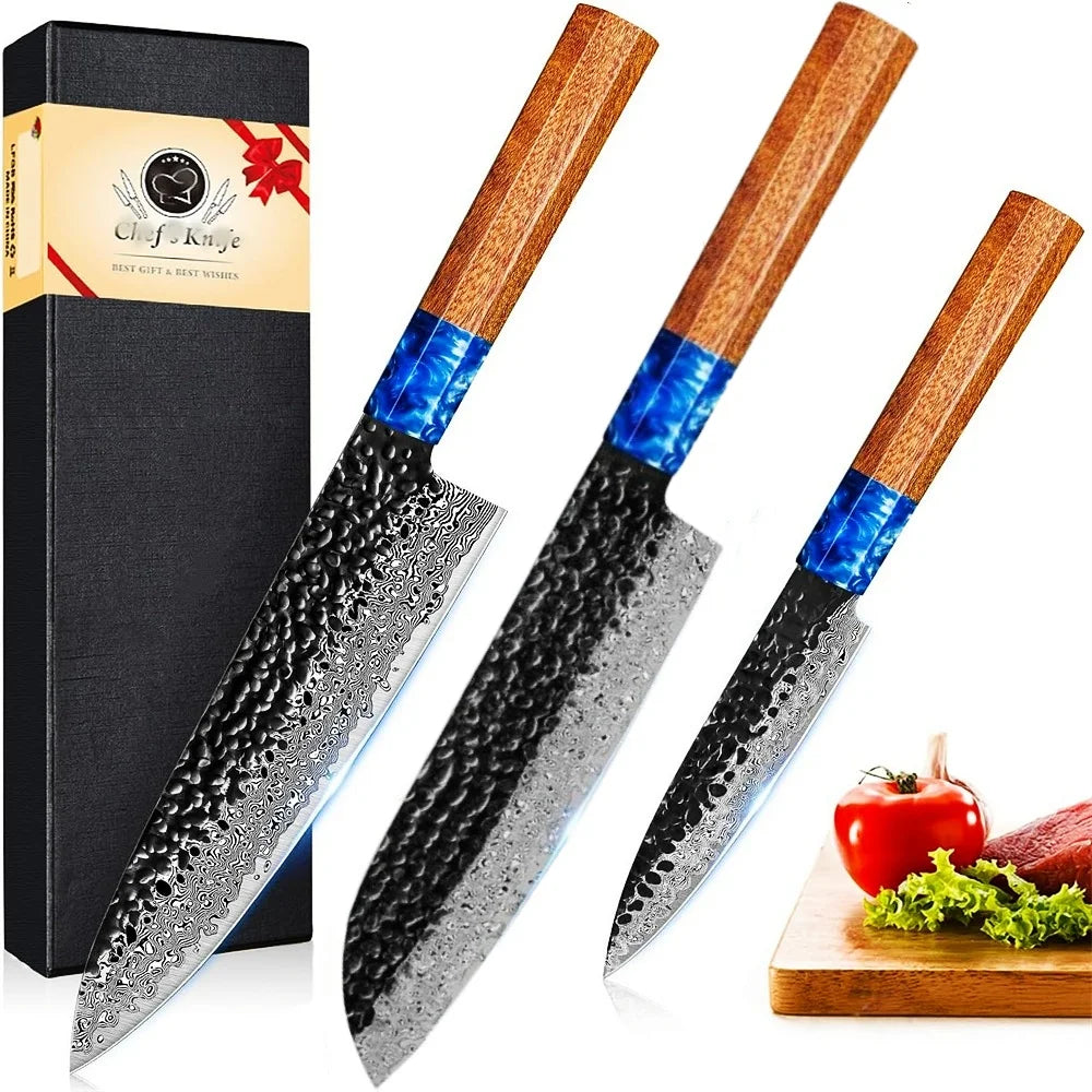 Damascus Steel 3 Piece Chef Knife Set With Rosewood Handle