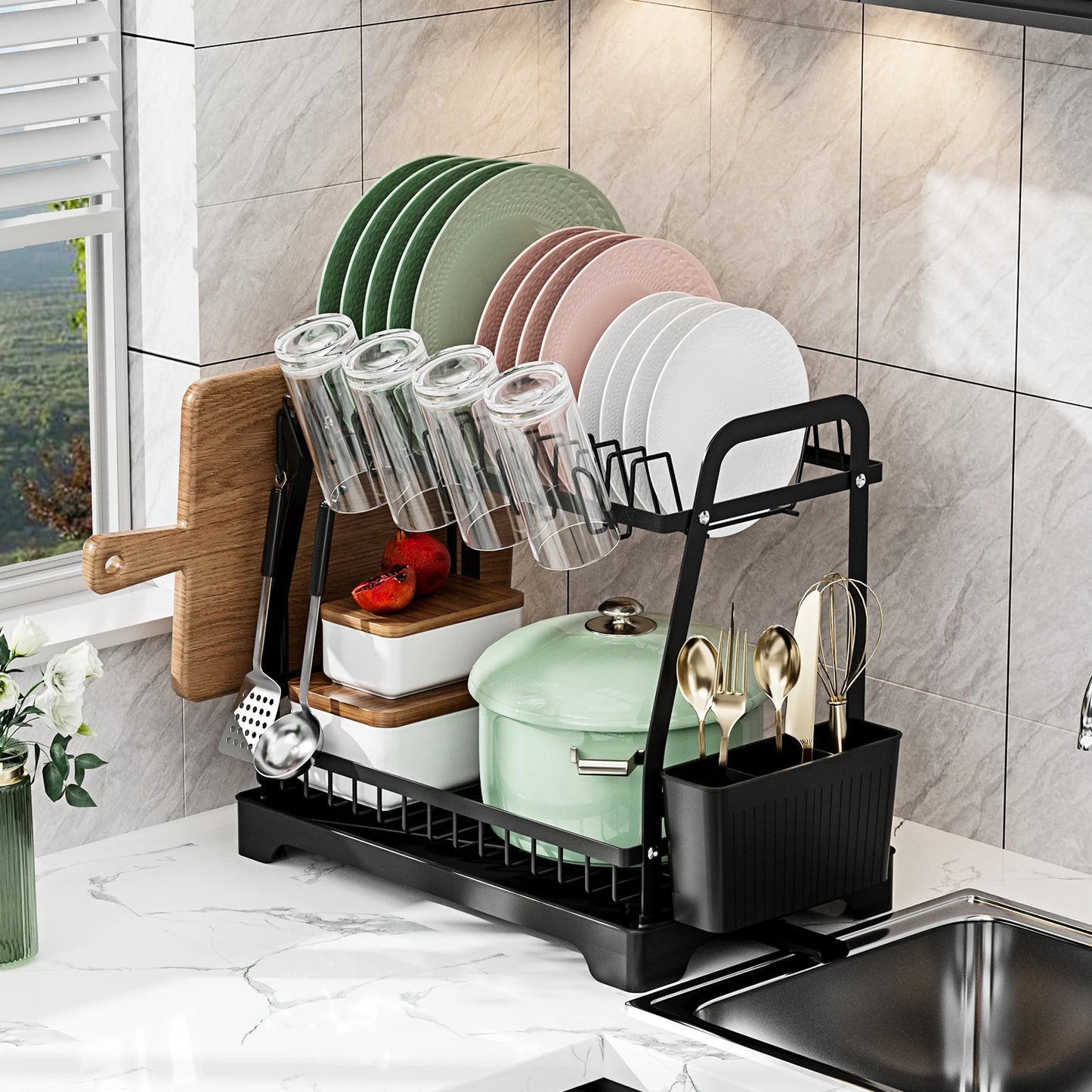 2 Tier Large Dish Drying Rack For Kitchen Counter  Dish Drainer, Large Dish Drying Rack With Drainboard & Utensil Holders,Black - Cooky Kitchenware