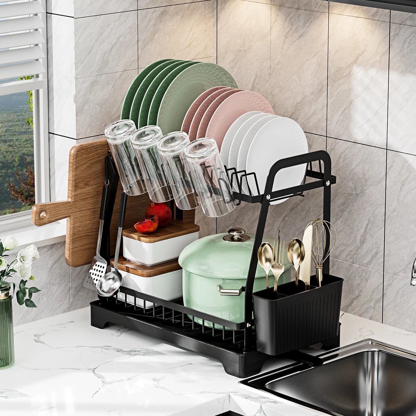 2 Tier Large Dish Drying Rack For Kitchen Counter  Dish Drainer, Large Dish Drying Rack With Drainboard & Utensil Holders,Black - Cooky Kitchenware