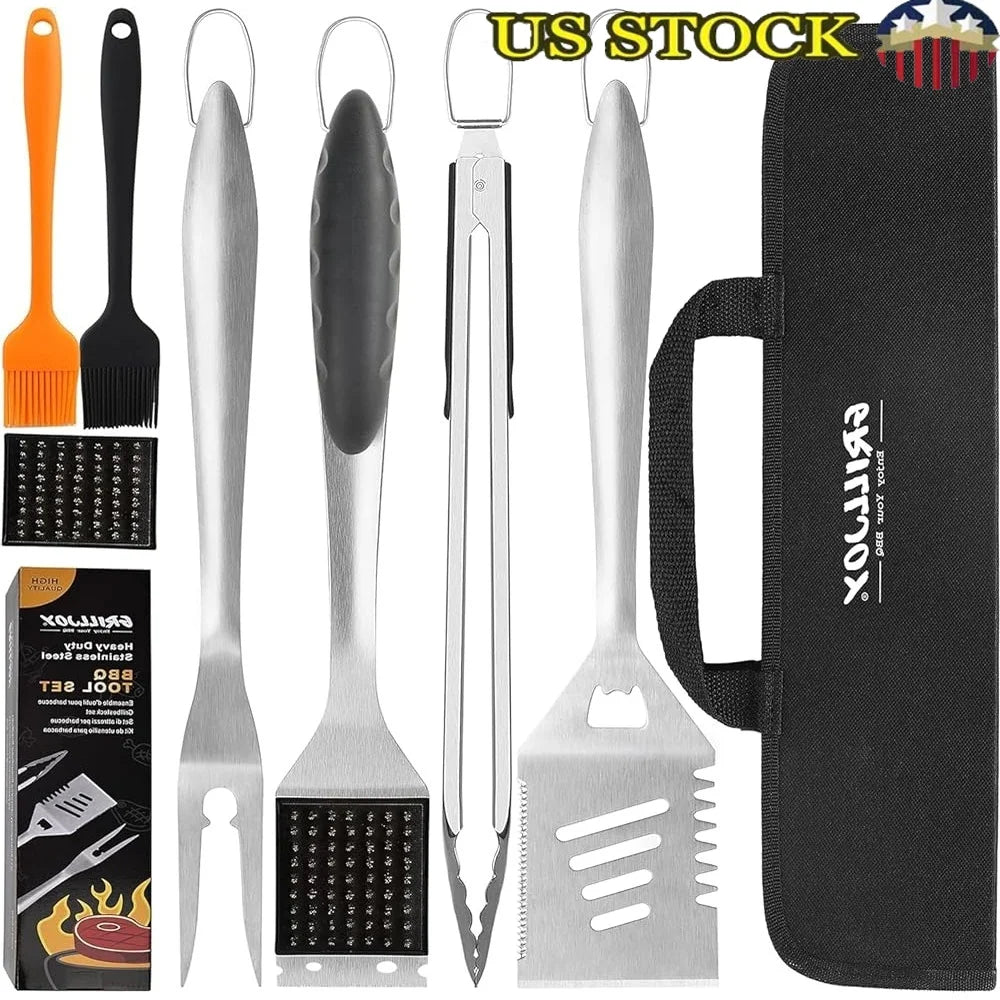 8PCS Stainless Steel BBQ Grill Tool Set Spatula Tongs Fork Basting Brushes Cleaning Brush Storage Bag Heavy Duty Accessories - Cooky Kitchenware