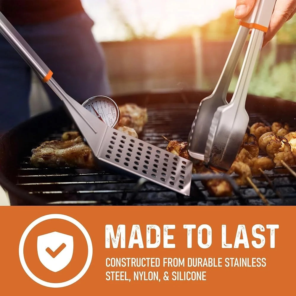 Stainless Steel BBQ Tool Set with Rotating Stand Drip Pan Spatula Tongs Fork Brush Durable Portable Easy Clean Grilling Kit - Cooky Kitchenware