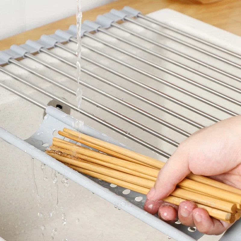 Kitchen accessories,Roll Up Dish Drying Rack 304 Stainless Foldable Sink Rack Shelf Kitchen Storage Organizer Bowl Plate Drainer