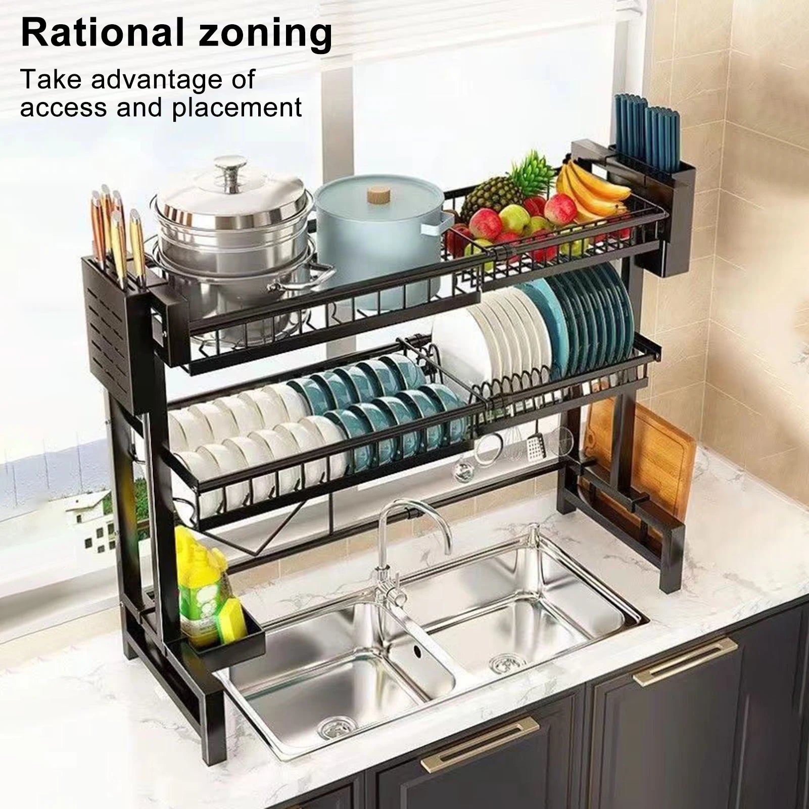 2 Tier Kitchen Storage Shelf Above Sink Stretchable Bowl Draining Rack Multifunctional Dish Knife Spoon Sink Rack Set Organizer - Cooky Kitchenware
