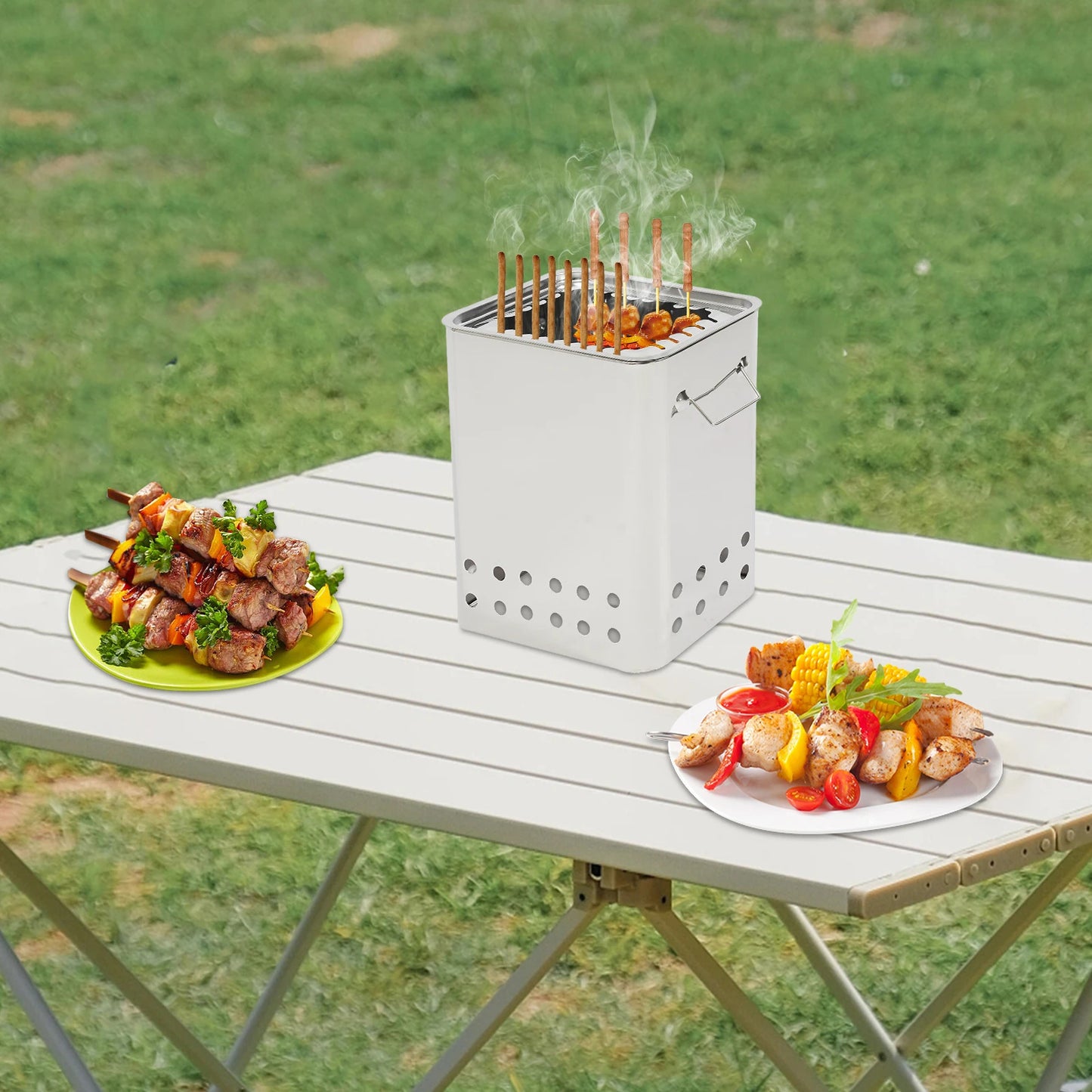 Portable Square BBQ Skewer Grill - 26 Skewers Capacity Stainless Steel Hanging Grill for Outdoor Cooking(9.4x7.09x11.8in,Silver) - Cooky Kitchenware
