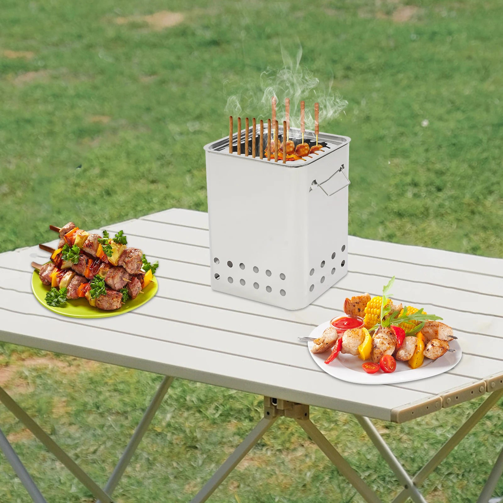 Portable Square BBQ Skewer Grill - 26 Skewers Capacity Stainless Steel Hanging Grill for Outdoor Cooking(9.4x7.09x11.8in,Silver) - Cooky Kitchenware