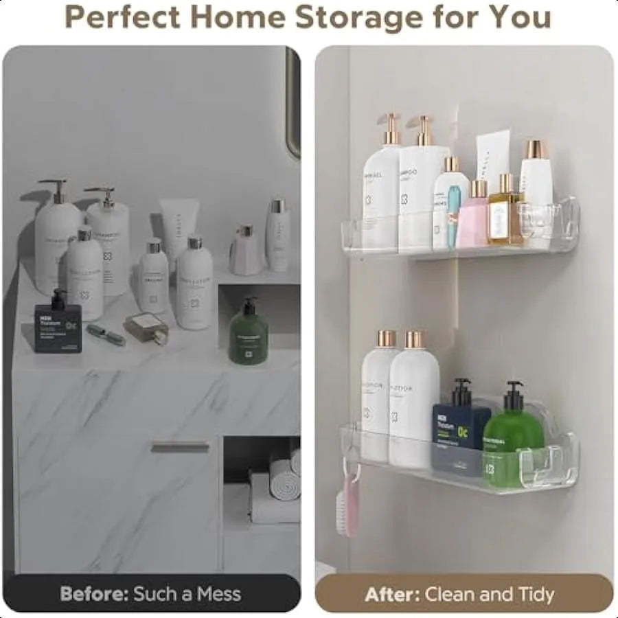 2 Pack Acrylic Shower Caddy Adhesive No Drilling Bathroom Shower Organizers with 4 Removable Hooks Wall Mounted Shower Shelves - Cooky Kitchenware