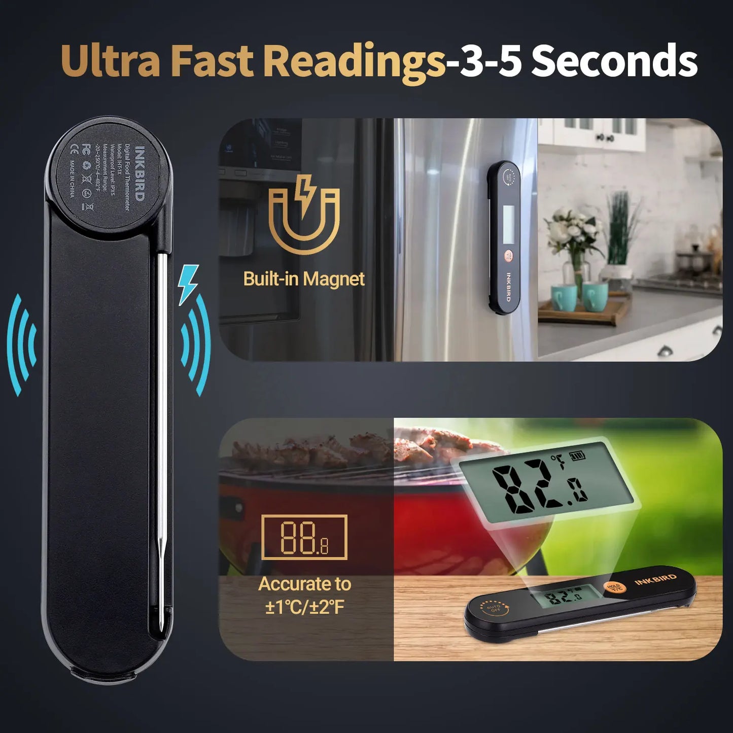 INKBIRD Waterproof Digital Meat Thermometer Backlight Folding Barbecue Kitchen Cooking Instant Readin Thermometer For Grilling - Cooky Kitchenware