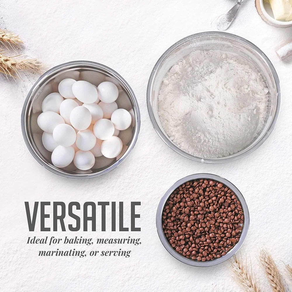 Stainless Steel Mixing Bowls Set with Lids Measuring Marks Easy Clean Nesting Stackable Kitchen Storage Bakeware