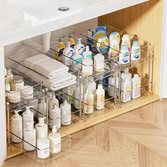 4 Pack Bathroom Organizer 2 Tier Clear Under Sink Organizers Vanity Countertop Storage Bins Cabinet Drawers Kitchen - Cooky Kitchenware