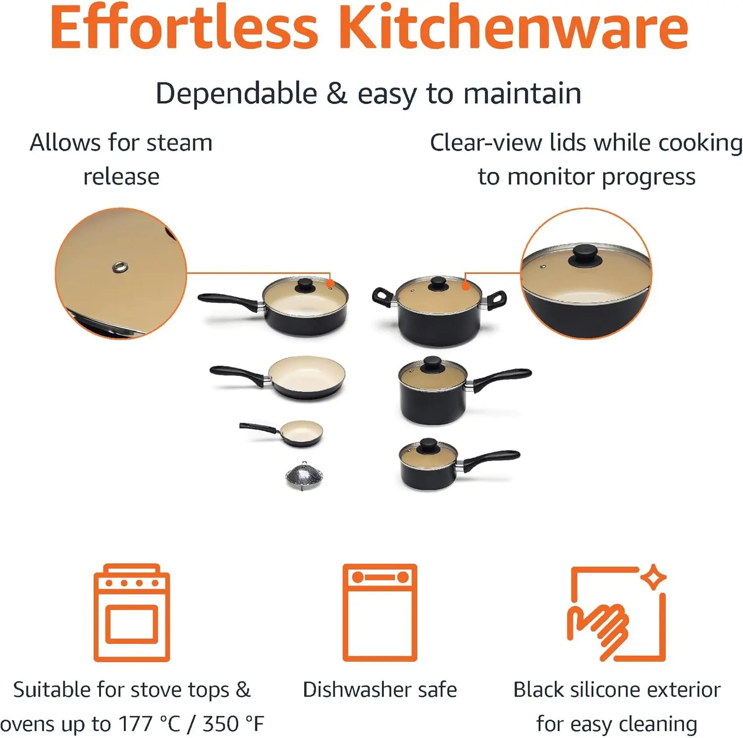 Ceramic Nonstick Pots and Pans 11 Piece Cookware Set, made without PFOA & PTFE, Black/Cream - Cooky Kitchenware