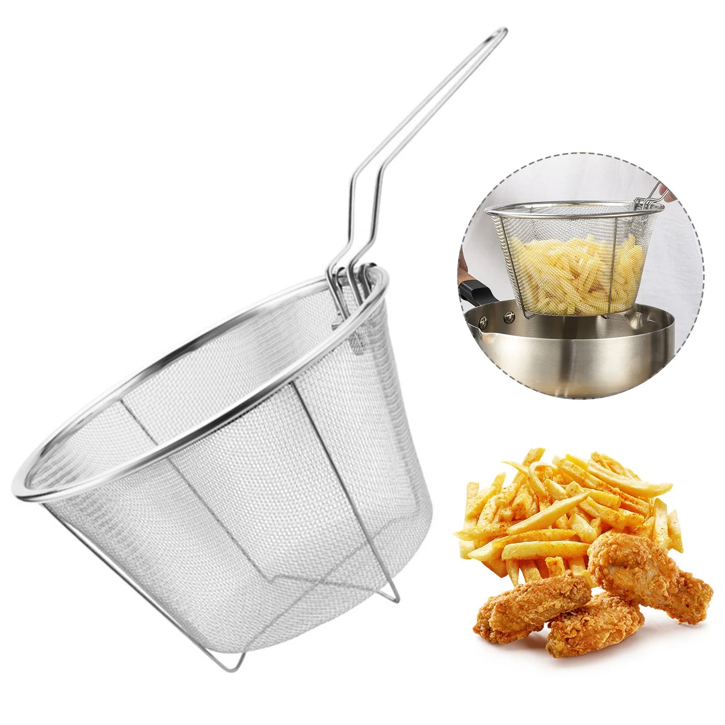 15/18cm Frying Net Filter Stainless Steel Round Vegetable and Fruit Drain Basket Multifunctional Kitchen Tools for Home Cooking