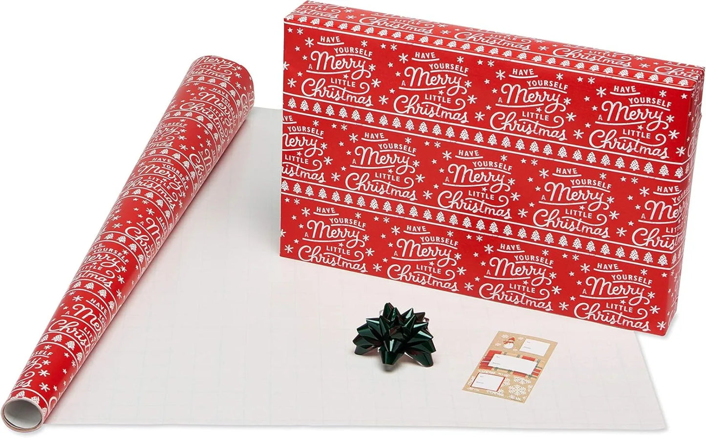 120 sq. ft. Christmas Wrapping Paper Set, Tan, Plaid, Snowman and Christmas Text (4 Rolls 30 in. x 12 ft., 7 Bows, 30 Gift Tags)