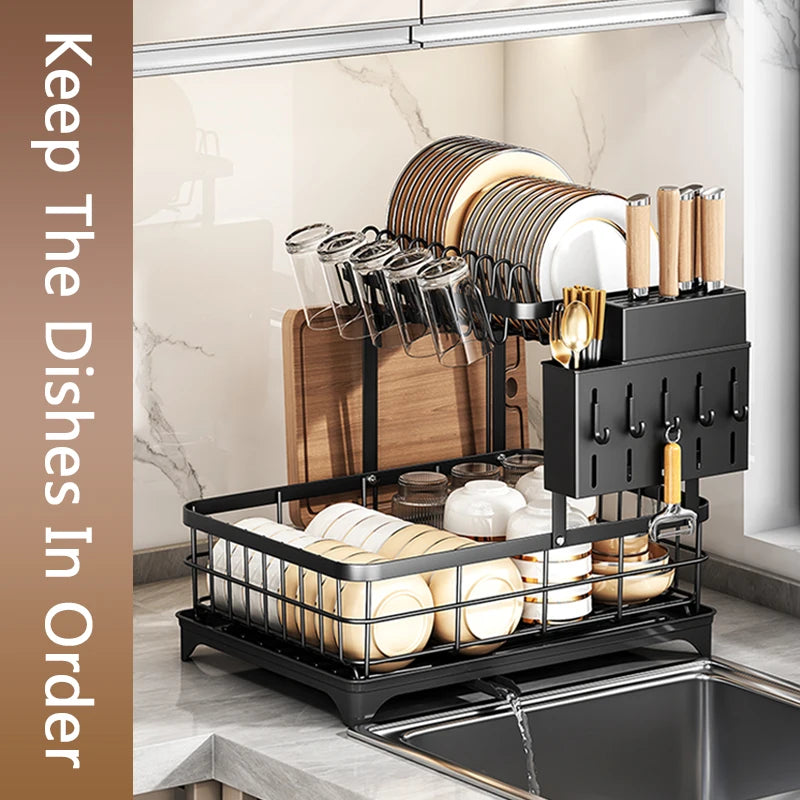 1 Or 2 Tier Space Saving Kitchen Dish Drying Rack Multifunctional Rustproof Dish Rack With Drainboard - Cooky Kitchenware