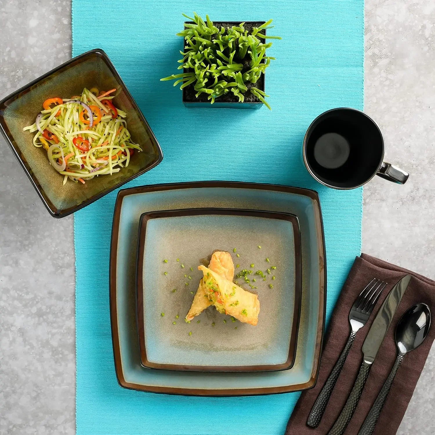 Square Reactive Glaze Stoneware Dinnerware Set, Service for 4 (16pcs), Taupe,Dishwasher Safe - Cooky Kitchenware